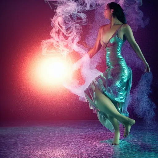 Image similar to manshaped swirling smoke beside woman dancing underwater wearing a flowing dress made of seaweed, octane render, caustics lighting from sunlight above, cinematic