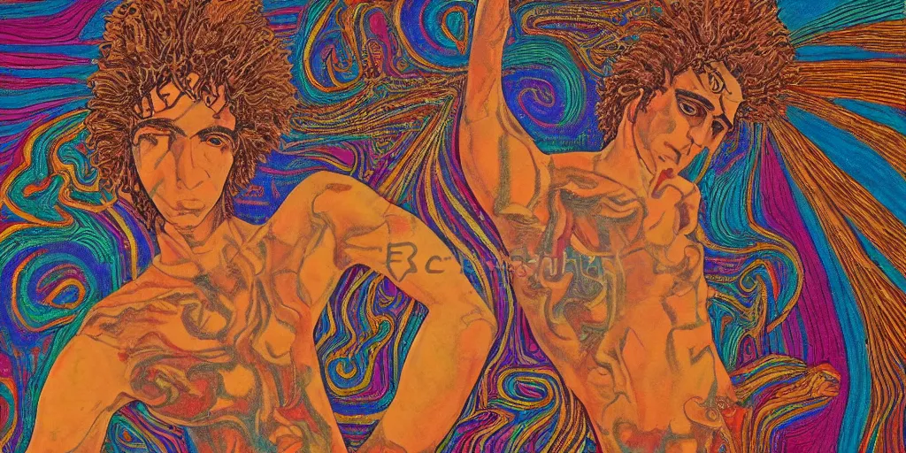 Image similar to an abstract spiritual background, a punk rocker greek god dancing mindlessly, clear eyes. 2 4 mm, photorealistic, muted color scheme, directed by mati klarwein