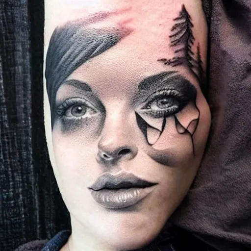 Image similar to realistic tattoo sketch of a beautiful woman face double exposure with a mountain scenery, in the style of matteo pasqualin, amazing detail