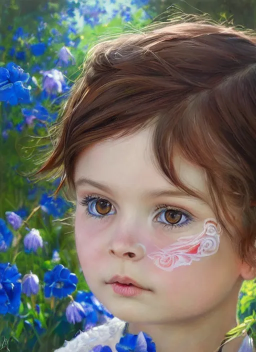Image similar to a little girl with short wavy brown hair and blue eyes with her face painted. face painting of flowers. beautiful highly detailed face. painting by artgerm and greg rutkowski and raymond swanland.