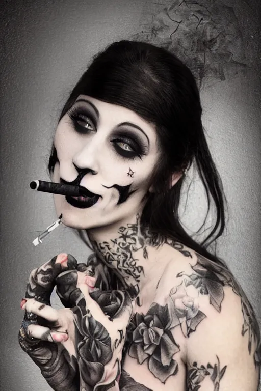 Prompt: tattooed beautiful goth girl smoking cigarette and smiling, dark, moody, eerie religious painting, photorealistic photo by national geographic, Peter Kemp