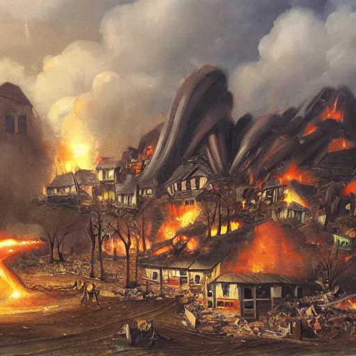 Image similar to oil painting of a village being destroyed by a giant alien