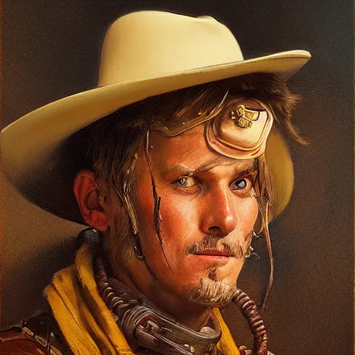 Image similar to a man, cowboy hat, portrait, wild west, fantasy, highly detailed, oil painting, artstation, concept art, illustration, art by J. C. Leyendecker and norman rockwell