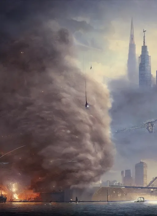 Prompt: hyper realistic giant fluffy caracal attacking moscow city harbor explosions, atmospheric beautiful details, strong composition painted by kim jung giu weta studio rutkowski, james gurney and greg rutkowski, and lucasfilm