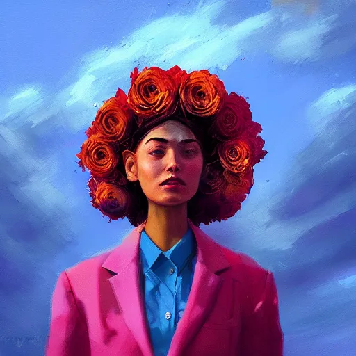 Prompt: closeup, big rose flower head, portrait, girl in a suit, surreal photography, sunrise, blue sky, dramatic light, impressionist painting, digital painting, artstation, simon stalenhag