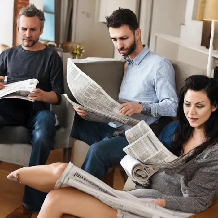 Image similar to man sitting in chair reading newspaper with attractive wife standing behind him
