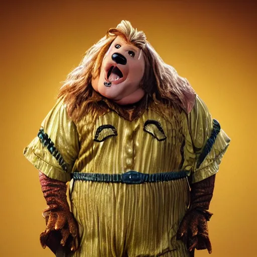 Image similar to snl chris farley as the cowardly lion of oz, studio poster photography, trending on artstation, featured on deviantart, award winning costume