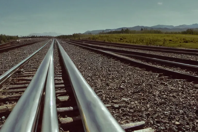 Image similar to shiny metal rails in blue sky, award winning cinematic still