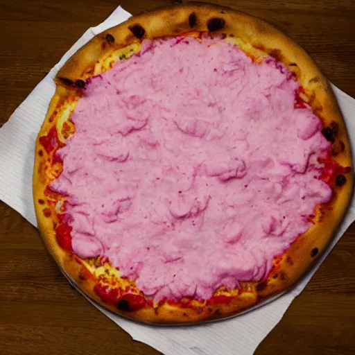 Prompt: a pizza made of cotton candy