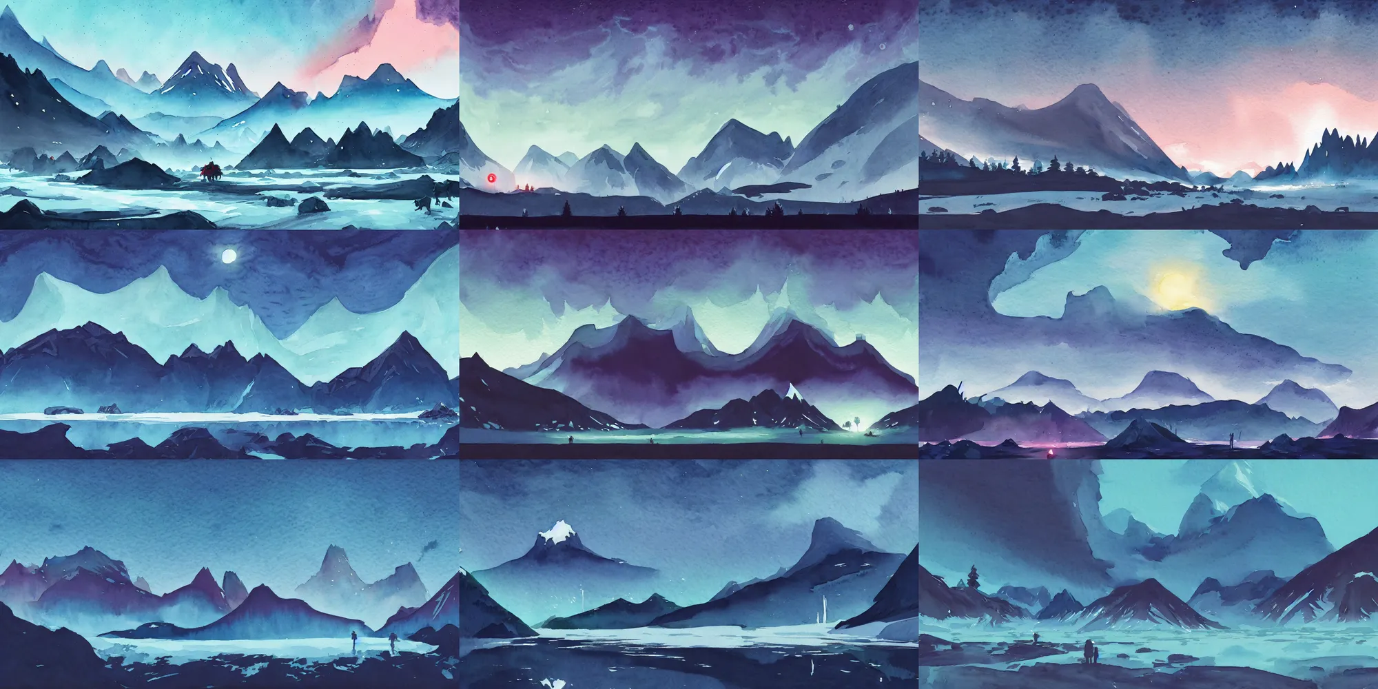 Prompt: midnight glacier landscape, arcane, in watercolor gouache detailed paintings, stylized, artstation, 8 k, artistic, fantasy, simon stalenhag