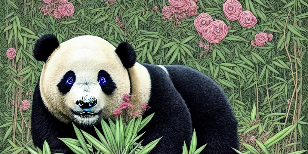 Prompt: gigantic panda with a lot details, a lot of exotic vegetation, trees, flowers, dull colors, in the foggy huge forest, by moebius, junji ito, tristan eaton, victo ngai, artgerm, rhads, ross draws, hyperrealism, intricate detailed, risograph