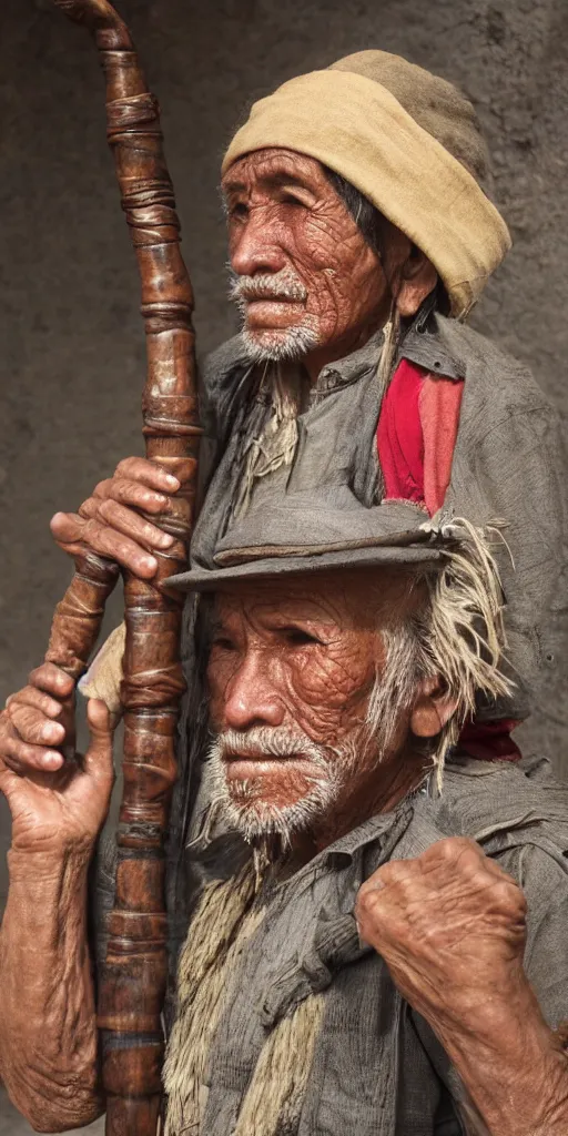 Image similar to Bolivian old man playing a quena wind instrument, unreal 5, hyper realistic, realistic, photo realistic, dynamic lighting, highly detailed, cinematic landscape, studio landscape, studio lighting