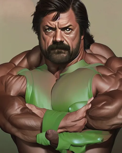 Image similar to gigachad ron swanson bodybuilder wearing green in final fight mountain by ilya kuvshinov, ernest khalimov body by krista sudmalis, fantasy character portrait, ultra realistic, concept art, intricate details, elegent, digital painting, smooth, sharp focus, illustration, art by artgerm and greg rutkowski and alphonse mucha, artstation