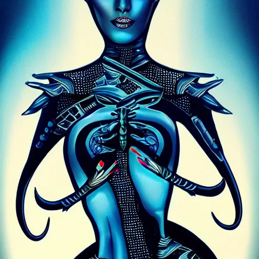 Image similar to woman holding bionic blue black scorpion, 1 9 8 0's art, retro art, airbrush style, intricate, elegant, sharp focus, illustration, highly detailed, concept art, matte, sharp focus, illustration, highly detailed, h 8 0 0 c 1 0. 0