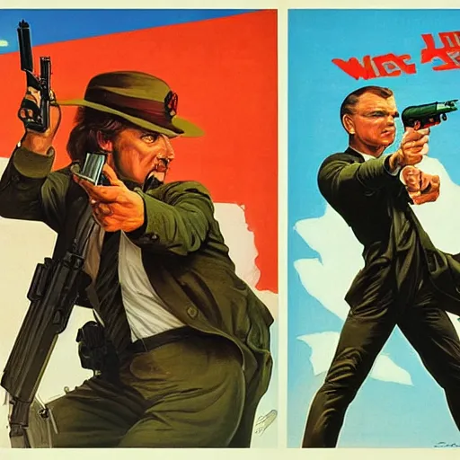 Image similar to propaganda poster of vinesauce joel pointing gun directly at camera in james bond movie, closeup of gun, visible barrel and grip by j. c. leyendecker, bosch, lisa frank, jon mcnaughton, and beksinski