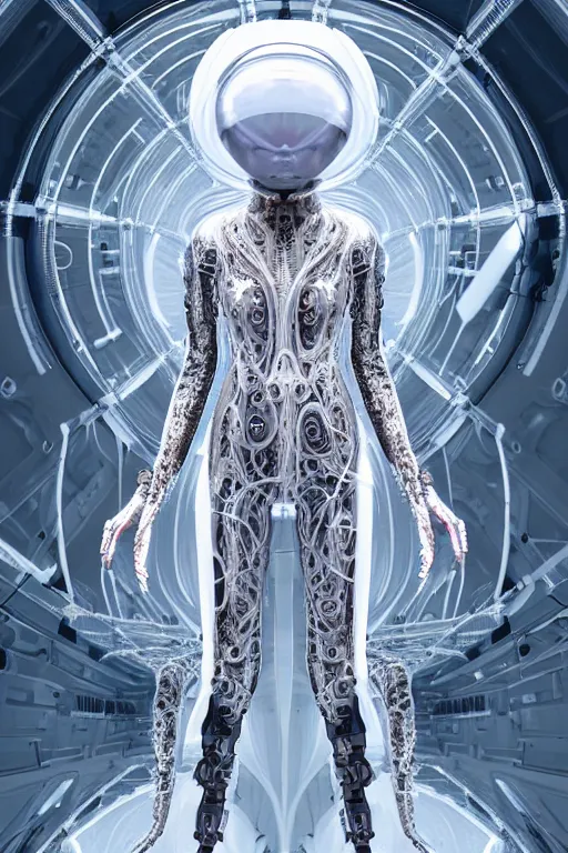 Image similar to background space station, baroque dress iris van herpen positing on floor, perfect symmetrical, full body shot, helmet on face, inflateble shapes, wires, tubes, veins, jellyfish, white biomechanical details, wearing epic bionic implants, masterpiece, intricate, biopunk, vogue, highly detailed, artstation, concept art, cyberpunk