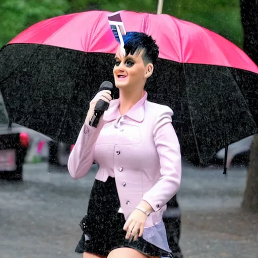 Prompt: katy perry wearing a 1 9 7 0's clothing, walking in central park, raining, photo, realistic, high detail,