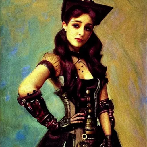 Image similar to Portrait of a steampunk Ariana Grande, elegant, mechanical, broad detail, shadows, vintage shading, by Ilya Repin