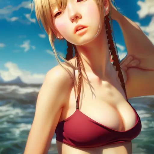 Prompt: portrait ofa pretty anime girl in a bikini au naturel, hyper detailed, digital art, trending in artstation, cinematic lighting, studio quality, smooth render, unreal engine 5 rendered, octane rendered, art style by klimt and nixeu and ian sprigger and wlop and krenz cushart.