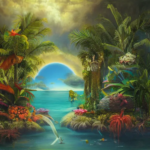 Prompt: tropical dream, oil on canvas, surrealism, highly detailed, masterpiece, award - winning, artstationhd