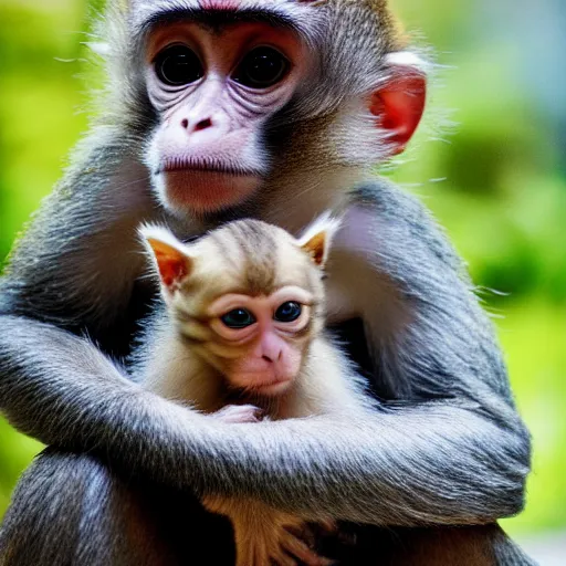 Prompt: a monkey holding a baby kitten