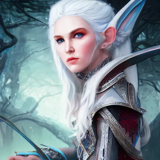 Image similar to detailed photo of elven archer girl, white hair, blue eyes, beautiful, 8 k, by tristan eaton, stanley artgermm, tom bagshaw, greg rutkowski, carne griffiths, trending on deviantart, hyper detailed, glorious lighting, epic environment