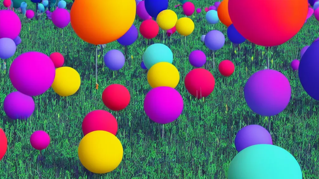 Prompt: digital illustration of a field of giant vibrant multi - colored balloon flowers by dr. seuss, reimagined by ilm and beeple : 1 | megaflora by dr. seuss, spectral color, rolling hills : 0. 9 | fantasy : 0. 9 | unreal engine, deviantart, artstation, hd, 8 k resolution : 0. 8