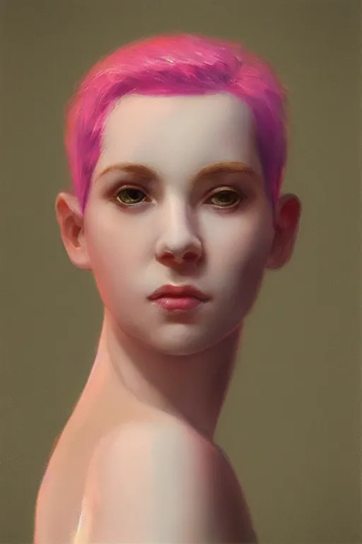 Prompt: “Portrait of a pale skin female with short pink hair, elegant, photorealistic, highly detailed, artstation, smooth, sharp focus, gold, neon lighting, sci-fi, art by Klimt.”