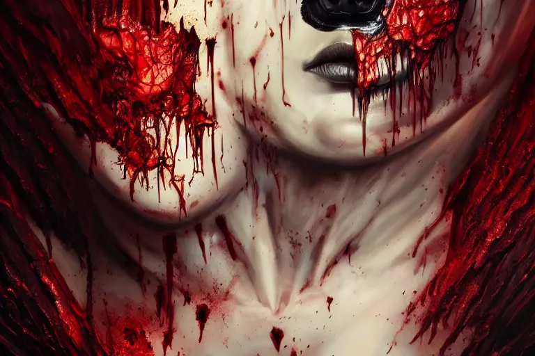 Image similar to surreal Portrait of beautiful seductive Dark demonic godeness of destruction and war covered in blood in dmt chromatic surreal liquid enviroment , elegant, highly detailed, smooth, photoreal, sharp focus, illustration, beautiful, geometric, dmt trending on artstation, cinematic, artwork by WLOP