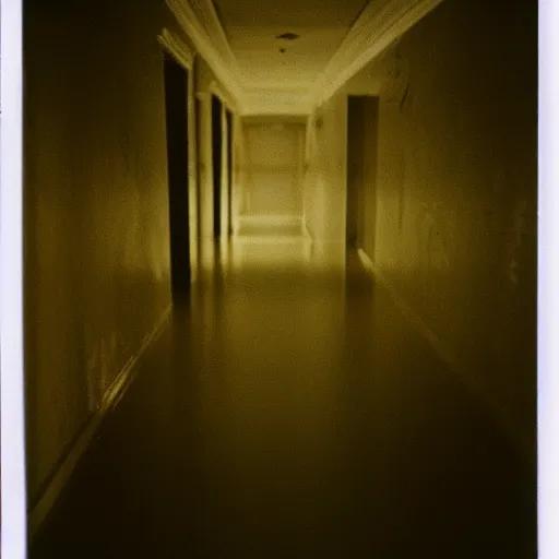 Image similar to a flooded hotel hallway at night, dark, dim, no light, underexposed, old polaroid,