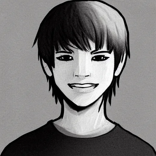 Prompt: simple sketch of a teenage boy with very short side part hair smiling trending on artstation