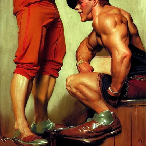 Prompt: drinking their hearts out, in a pub. attractive muscular male with red hair and attractive muscular male with black hair. pants, very defined painting by j. c. leyendecker, gaston bussiere, craig mullins 8 k