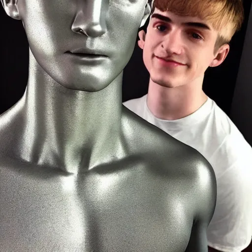 Image similar to “a realistic detailed photo of a guy who is an attractive humanoid who is half robot and half humanoid, who is a male android, twitch streamer Ninja Tyler Blevins, shiny skin, posing like a statue, blank stare, streaming”