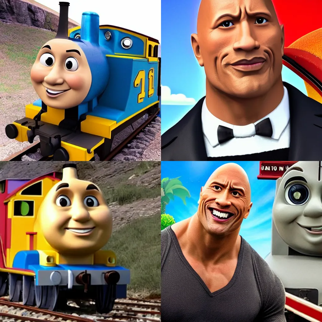 Prompt: Dwayne the rock Johnson as a Thomas the train character