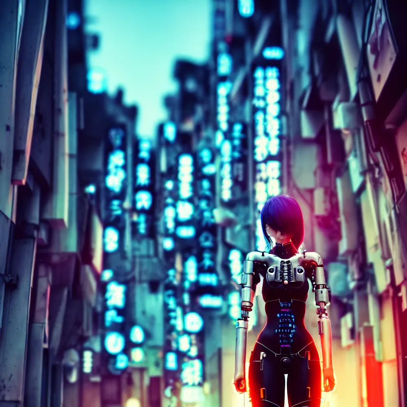 Image similar to a photo close up cyberpunk cyborg girl stands in a cyberpunk hiroshima, prefecture streets, sunset, photorealistic, cinematic lighting, very detailed, style by tomino - sama