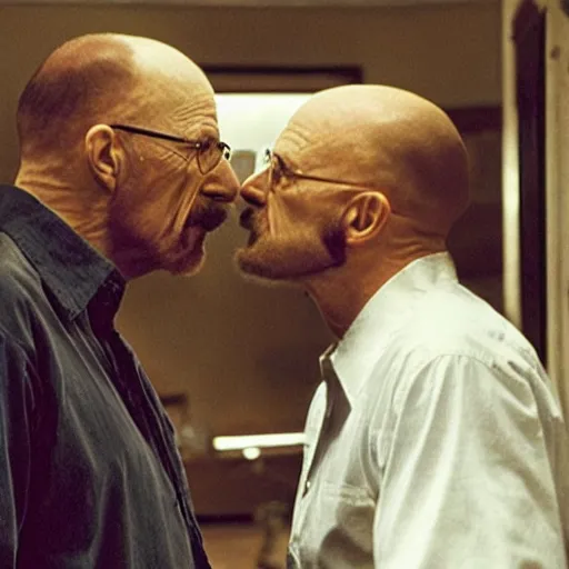 Prompt: old jonathan banks kissing walter white, movie still