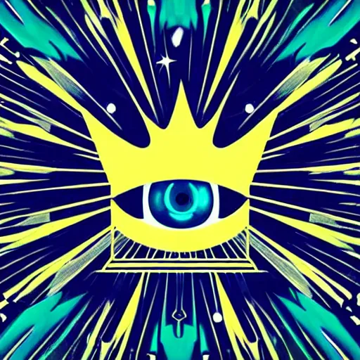 Image similar to a glowing crown sitting on a table with one beautiful eye mounted on it like a jewel, night time, vast cosmos, geometric light rays, bold black lines, flat colors, minimal psychedelic edgy 2 0 0 0 s poster illustration