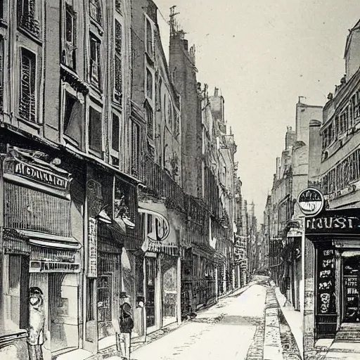 Prompt: une rue de paris vide avec des voitures garees, un restaurant avec une terrasse, des boutiques avec des neons, en debut de matinee ( ( ( en 1 7 3 0 ) ) )