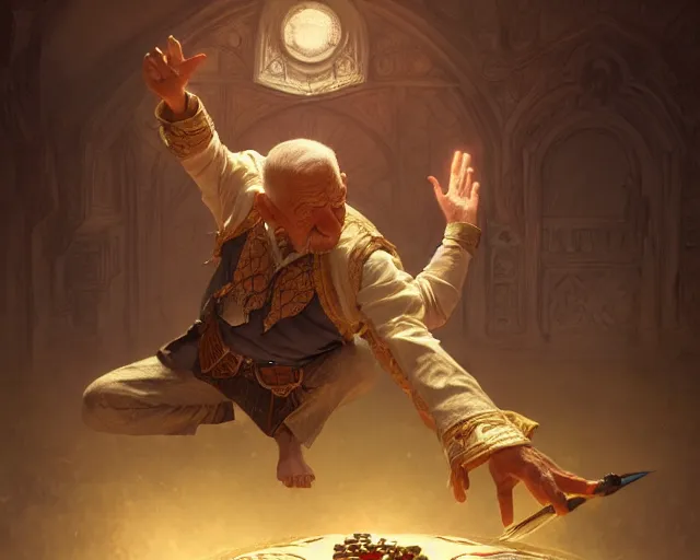 Prompt: old man doing a cartwheel, deep focus, d & d, fantasy, intricate, elegant, highly detailed, digital painting, artstation, concept art, matte, sharp focus, illustration, hearthstone, art by artgerm and greg rutkowski and alphonse mucha