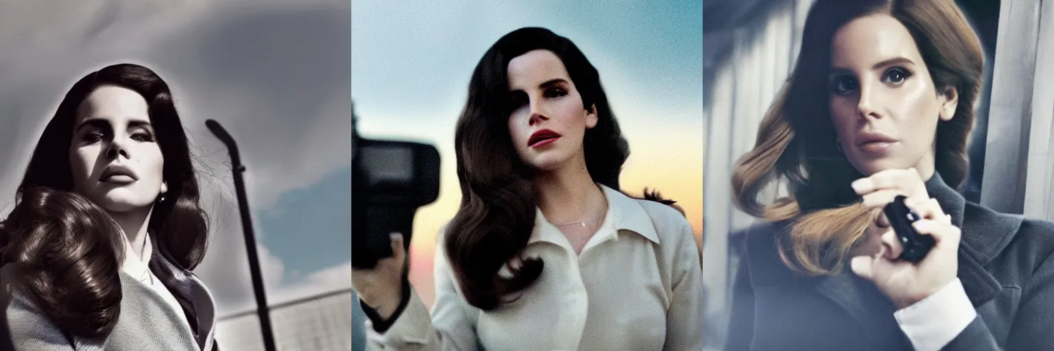 Prompt: close-up of Lana Del Rey as a detective in a movie directed by Christopher Nolan, movie still frame, promotional image, imax 70 mm footage