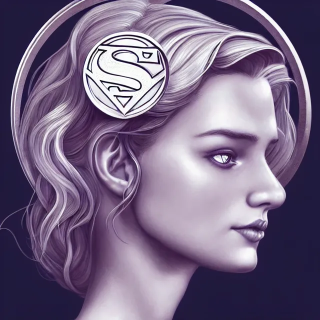 Image similar to cute coin with supergirl on it by charlie bowater and anna dittmann and artgerm and clemens ascher, portrait, intricate, elegant, silver mist, product shot, macro, symmetrical face, highly detailed, dramatic lighting, sharp focus, octane render, trending on artstation, artstationhd, artstationhq, unreal engine, 4 k, 8 k