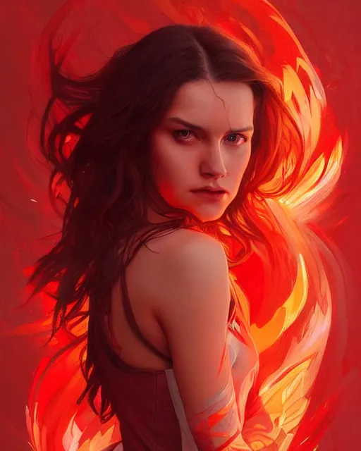 Image similar to emily rajtkowski, lake, red, flames everywhere!!!!!!!!!!!, highly detailed, digital painting, artstation, concept art, smooth, sharp focus, illustration, art by artgerm and greg rutkowski and alphonse mucha