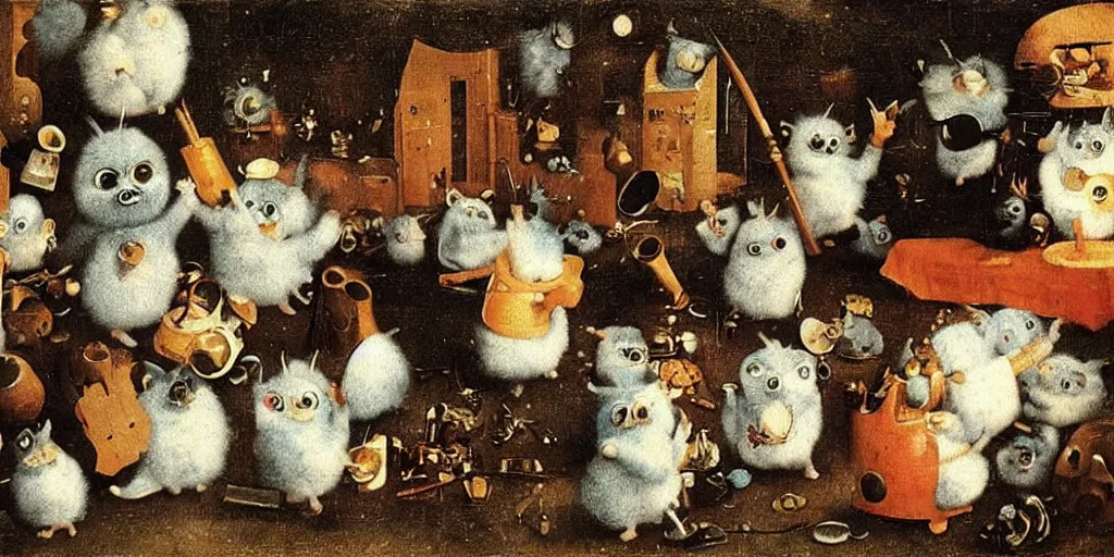 Image similar to a small group of furbies smoking weed!!!!! ( ( ( hieronymus bosch painting ) ) ) furbies with realistic bongs!! smoking pipes!! and joints!!, smoke! fills the air of a small room, studio lighting