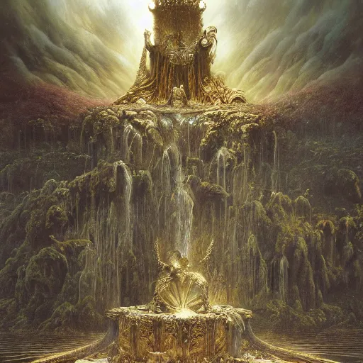 Prompt: the throne of abudance, matte painting, gold waterfalls | highly detailed oil painting, hyperrealistic, very intrincate | cinematic lighting, award - winning | by rachel ruysch, giger, beksinski and bocklin | by austin osman spare and william blake, trending on artstation, cgsociety, official art, octane.