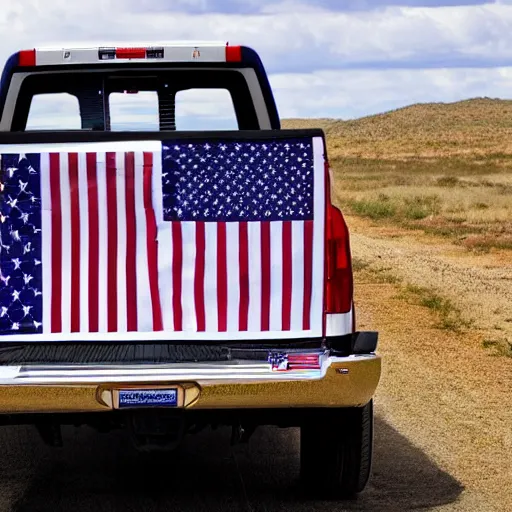 Image similar to pgoto of trump pickup trucks with american flags, there are very attractive woman in the back of the truck.