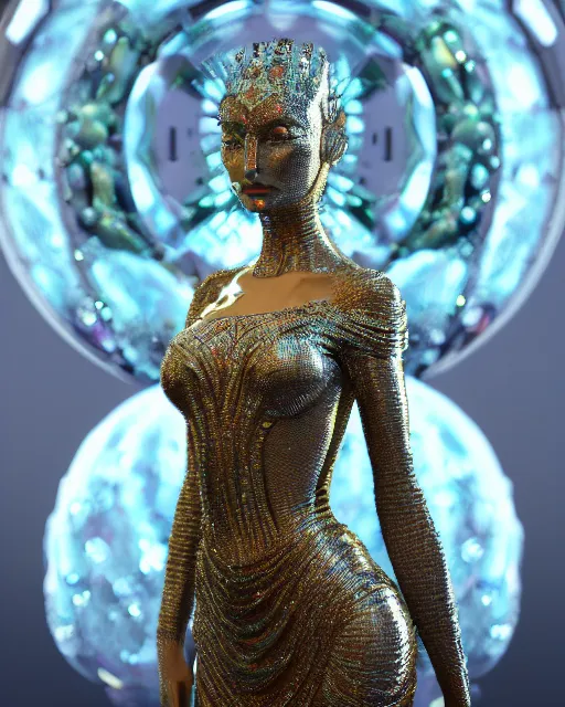 Image similar to a highly detailed metahuman 4 k close up render of an alien goddess bella hadid monument indian statue in iris van herpen dress schiaparelli in diamonds crystals swarovski and jewelry iridescent in style of alphonse mucha gustav klimt trending on artstation made in unreal engine 4