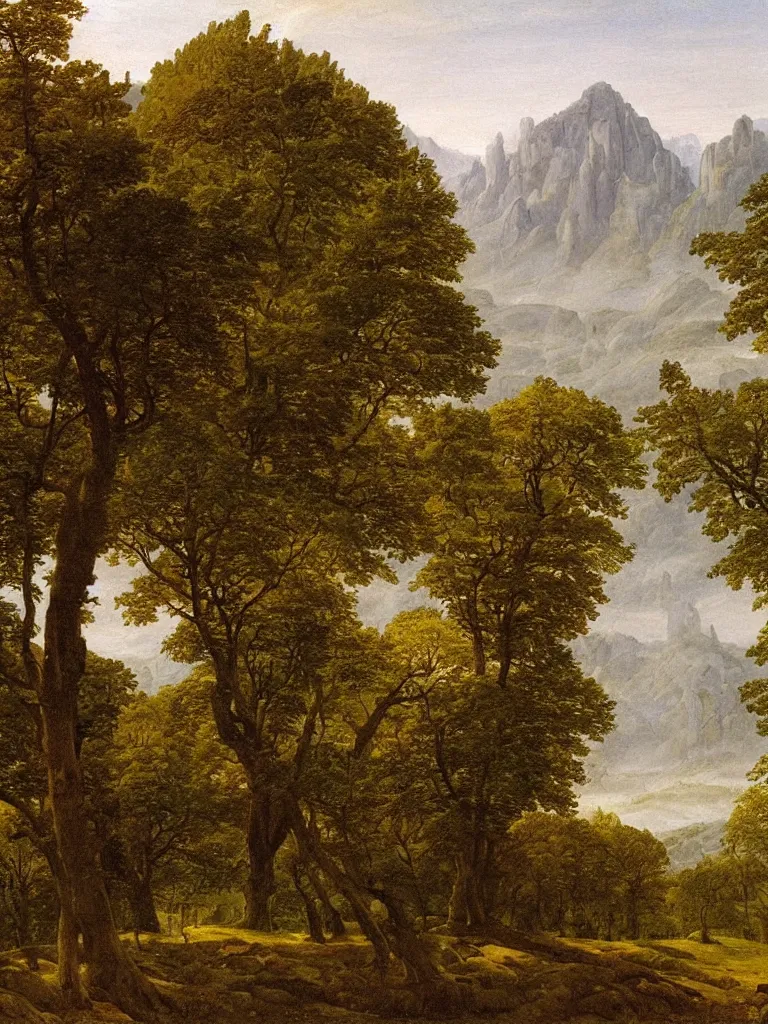 Prompt: A painting of a catherdral in nature, trees, mountains in the distance, by Caspar David Friedrich