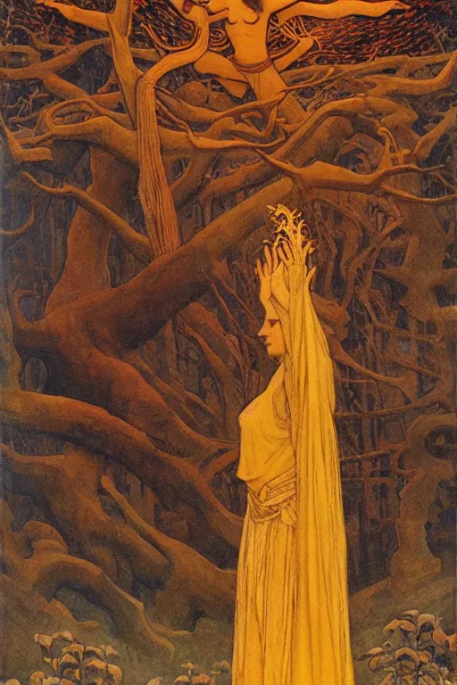 Prompt: spirit of the last forest by Nicholas Roerich and Annie Swynnerton and jean delville, strong dramatic cinematic lighting , ornate headdress , flowing robes, lost civilizations, smooth, sharp focus, extremely detailed