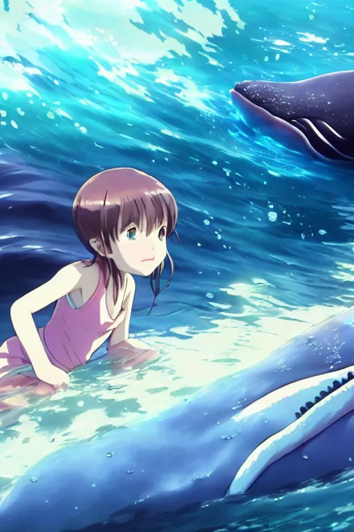 Image similar to a panorama view under the water, anime art full body portrait character concept art, hyper detailed cg rendering of a cute girl and whale, anime key visual of children of the sea, finely detailed perfect face, style of raphael lacoste, makoto shinkai, violet evergarden, studio ghibli, james jean, hayao miyazaki, extremely high quality artwork