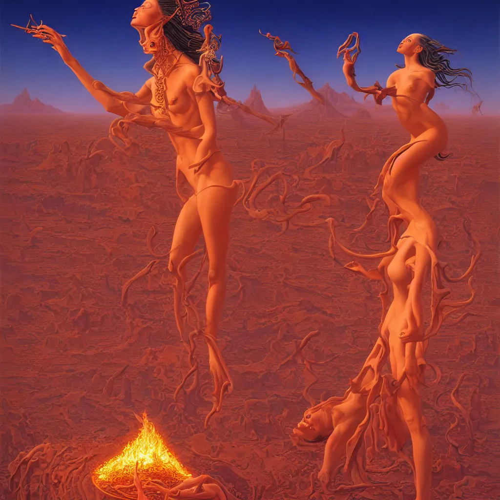 Prompt: goddess burning in the desert, in the style of dali, tim hildebrandt, wayne barlowe, bruce pennington, donato giancola, larry elmore, oil on canvas, masterpiece, trending on artstation, featured on pixiv, cinematic composition, beautiful lighting, sharp, details, hyper - detailed, hd, hdr, 4 k,